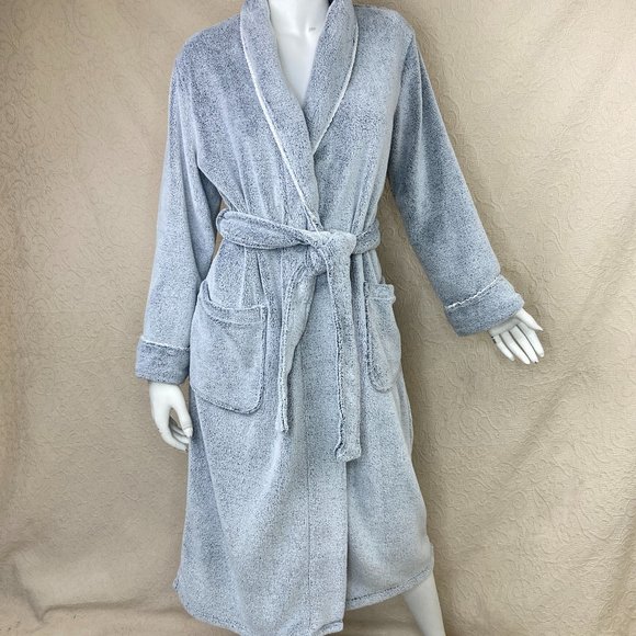 Oscar de la Renta Pink Label Plush Gray Shawl Collar Robe Satin Trim Belt - Picture 2 of 14